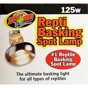 Zoo Med Repti Basking Spot Lamp 125w packaging with lamp image and bold text.