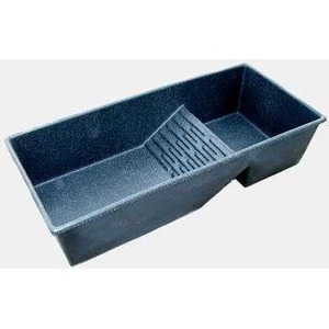 Rectangular dark blue plastic planter box with an inner slotted insert.