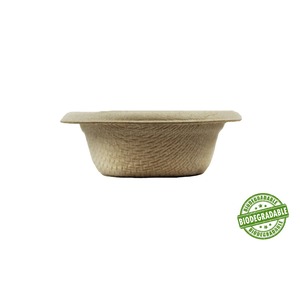 Beige biodegradable container with a flat lid and textured woven surface; eco-friendly stamp in corner.