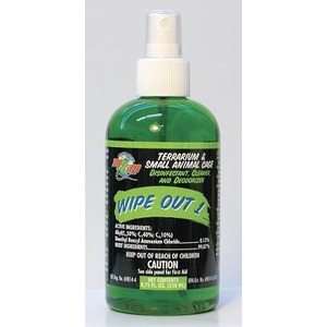 Green spray bottle labeled “WIPE OUT” disinfectant and deodorizer for terrariums and small animal cages.