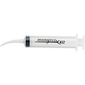 Syringe with curved needle tip and plunger, labeled Monoject 412.