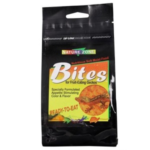 Black resealable bag labeled Nature Zone Bites for fruit-eating geckos; ready-to-eat nutritious soft-moist food.