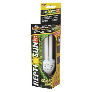 Reptisun UVB lamp packaging with a white fluorescent bulb visible inside a yellow and green box.