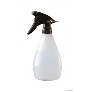 White spray bottle with black trigger sprayer and translucent body.