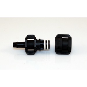 Separate black plastic connector pieces with a white O-ring between, on a white surface.
