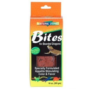 Nature Zone Bites for Bearded Dragons, ready-to-eat reptile treat in orange packaging with a small lizard image.