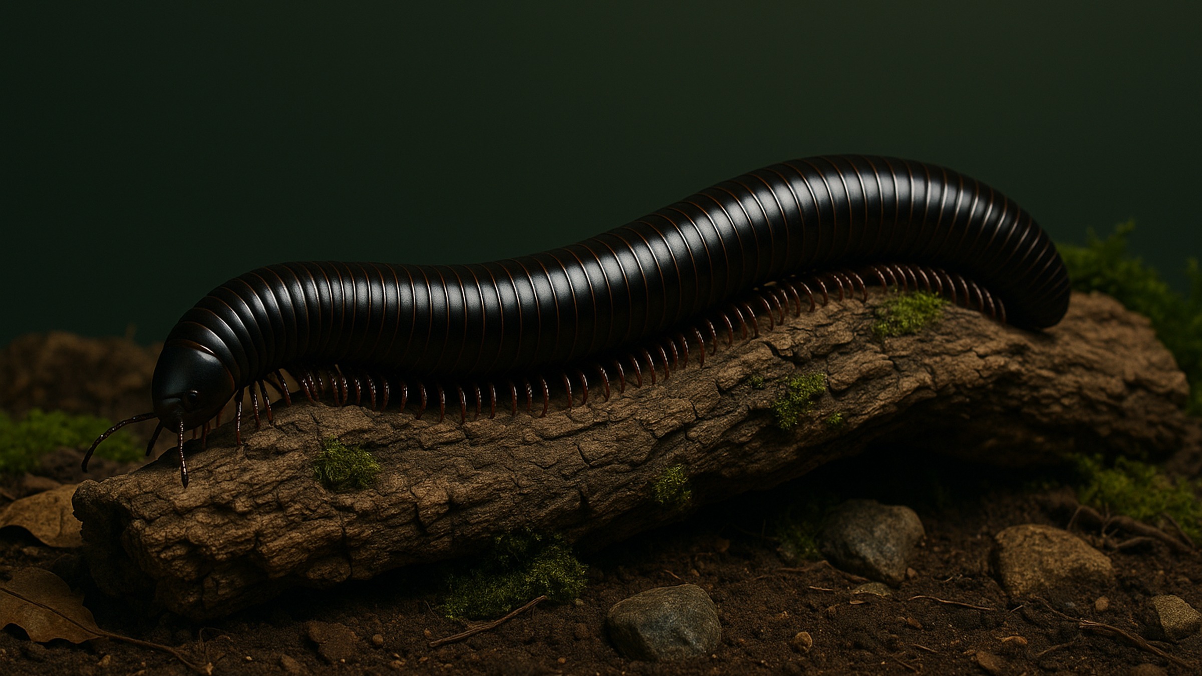 Glossy black millipede curled on a mossy log with small rocks against a dark green backdrop