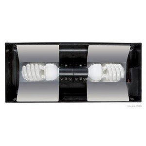 Dual compact fluorescent lamps mounted in a black housing with reflective curved panels.