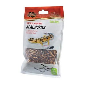 Zilla trial-size bag of reptile mealworms with a gecko illustration and visible mealworms inside.