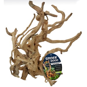 Twisted light-brown driftwood sculpture with a Spider Wood label attached.