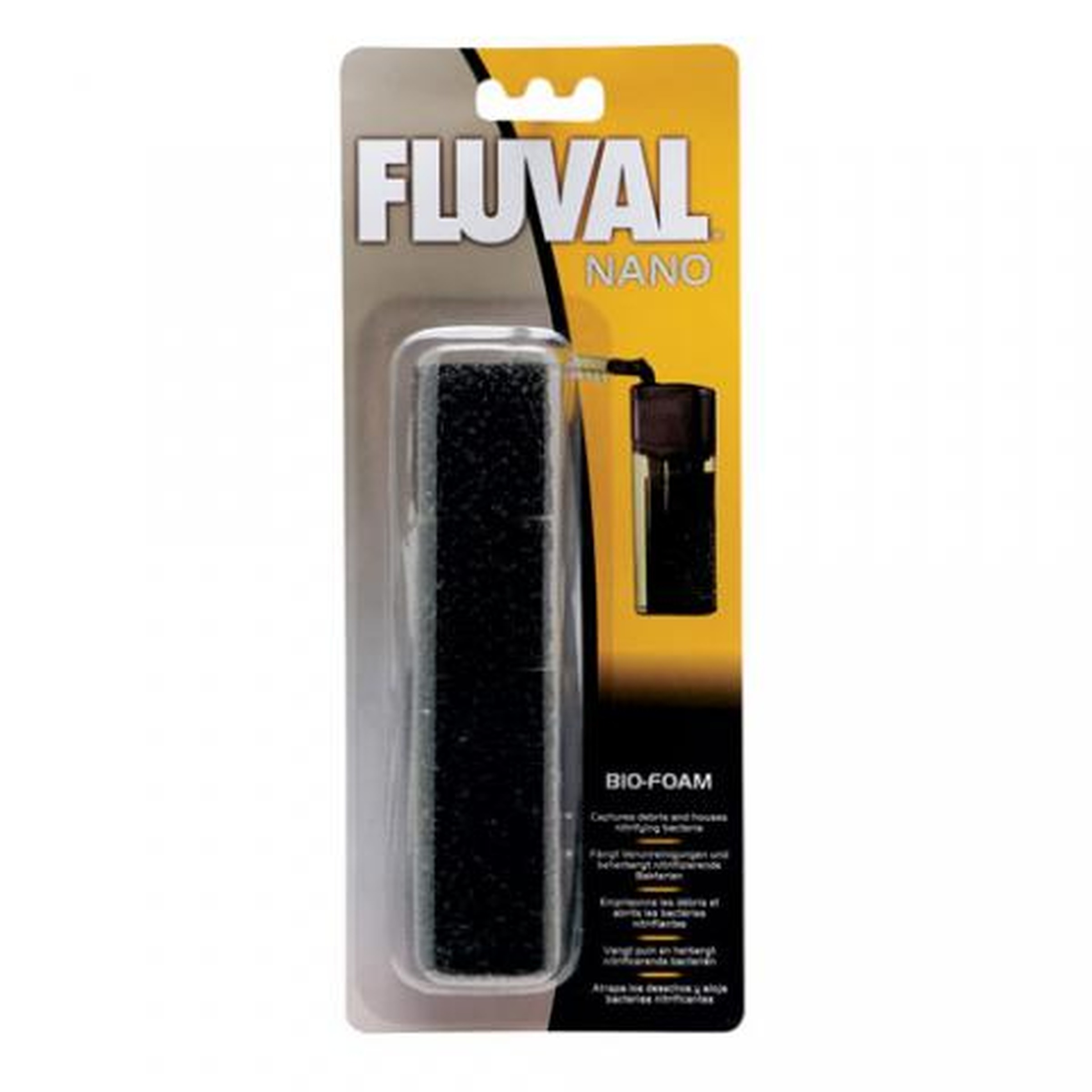 Fluval Nano bio-foam filter cartridge in blister packaging with yellow and gray label.