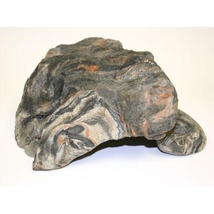 Large irregular rock with gray, black, and pink swirled pattern on a white background.