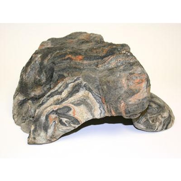 Large irregular rock with gray, black, and pink swirled pattern on a white background.