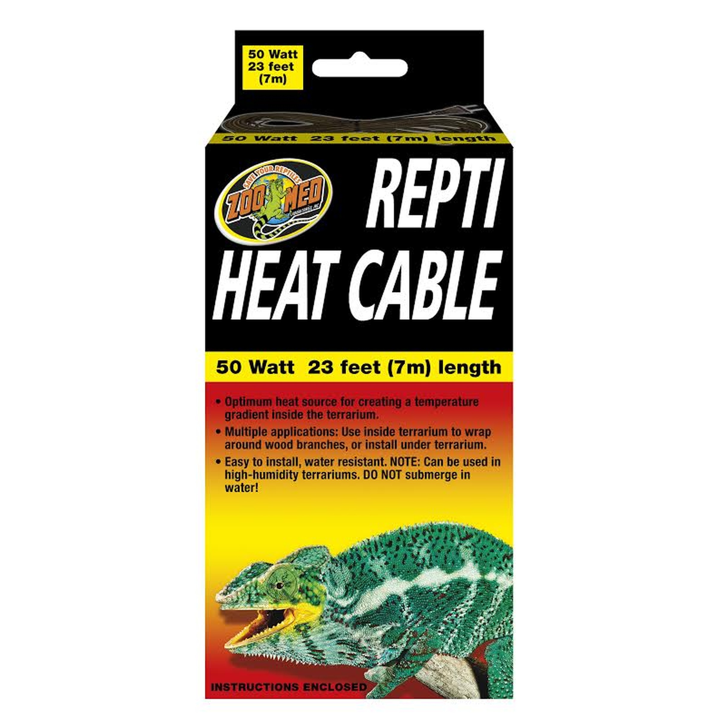 Repti Heat Cable packaging: 50W, 23 feet; black with bold white text, yellow label, image of a green lizard.