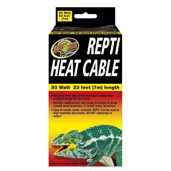 Repti Heat Cable packaging: 50W, 23 feet; black with bold white text, yellow label, image of a green lizard.