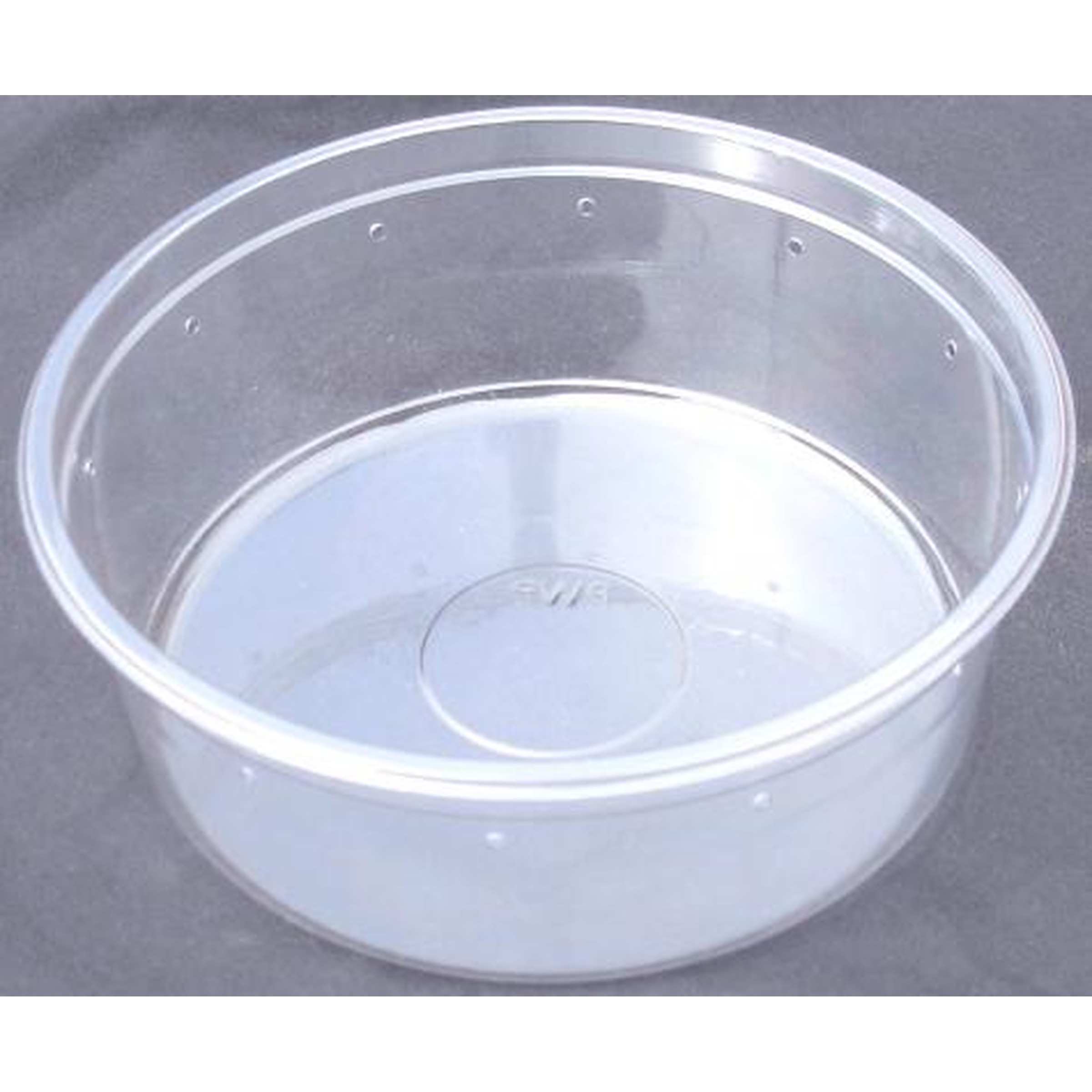 Clear round plastic container with shallow depth and smooth rim.