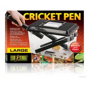 Cricket Pen large model product box with hand holding a dispensing tool over a clear cricket keeper.