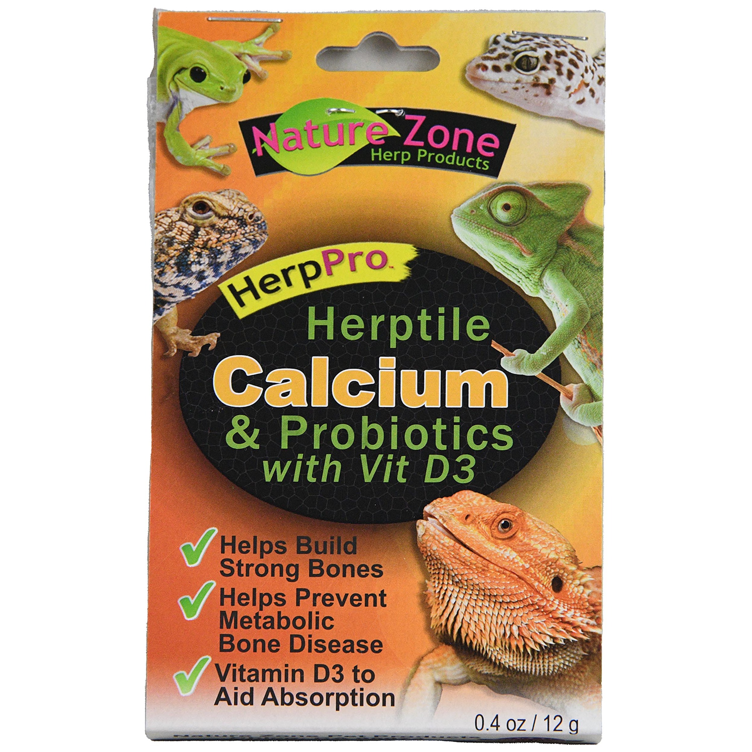 Nature Zone Herptile Calcium & Probiotics with Vit D3 for reptiles; packaging shows various lizards and frogs.