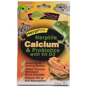 Nature Zone Herptile Calcium & Probiotics with Vit D3 for reptiles; packaging shows various lizards and frogs.