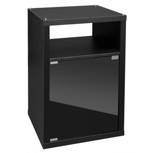 Black wooden cabinet with an open upper shelf and a glass-panel door on the lower section.