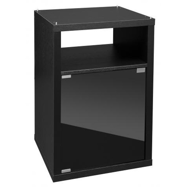 Black wooden cabinet with an open upper shelf and a glass-panel door on the lower section.