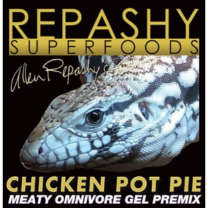 Close-up of a reptile head against a black background with bold gold text “REPASHY” and the “CHICKEN POT PIE” label.