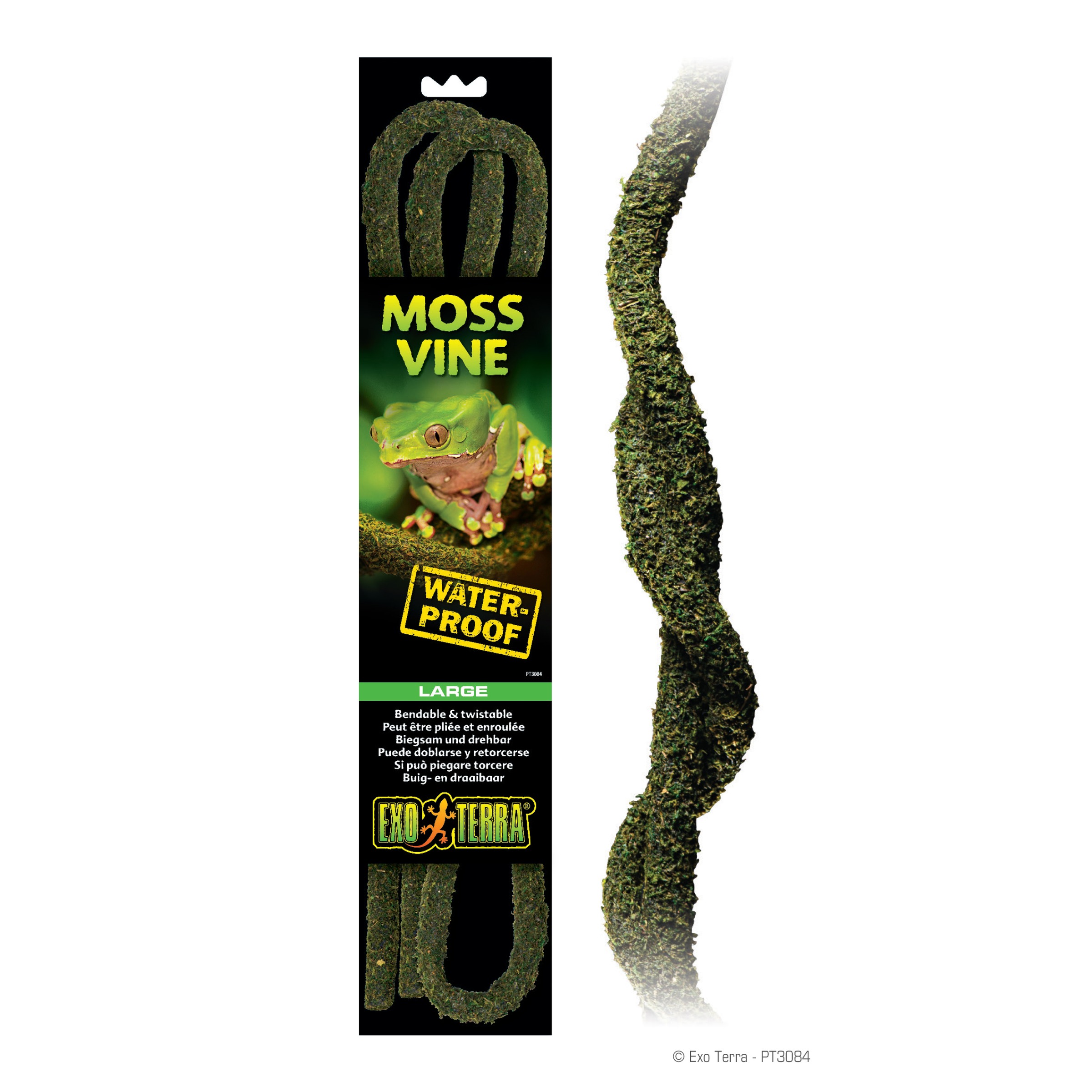 Moss Vine water-proof large reptile moss vine packaging featuring a green tree frog.