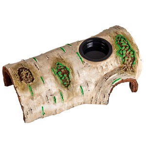 Birch-log tunnel with green moss patches and a circular black opening.