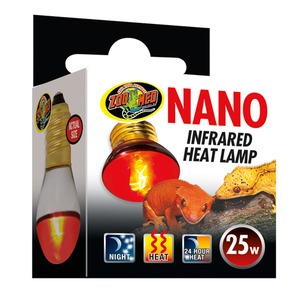 Nano infrared heat lamp with red glowing bulb; Zoomed logo, 25W, night/heat/24-hour icons.