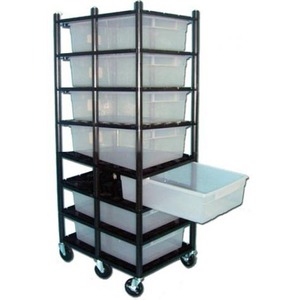 Rolling metal shelving with multiple clear plastic bins on a wheeled cart, one bin pulled out.