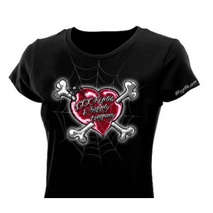 Black T-shirt featuring a red heart outlined by white bone crossbones and a spiderweb backdrop.