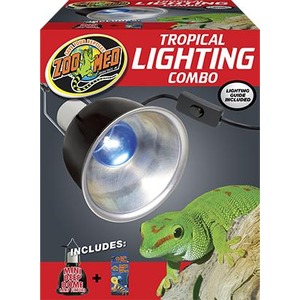 Zoo Med Tropical Lighting Combo box featuring a lamp and a green lizard.