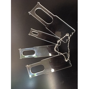 Five clear plastic tag-like pieces with oval cutouts, connected by a metal ball chain.
