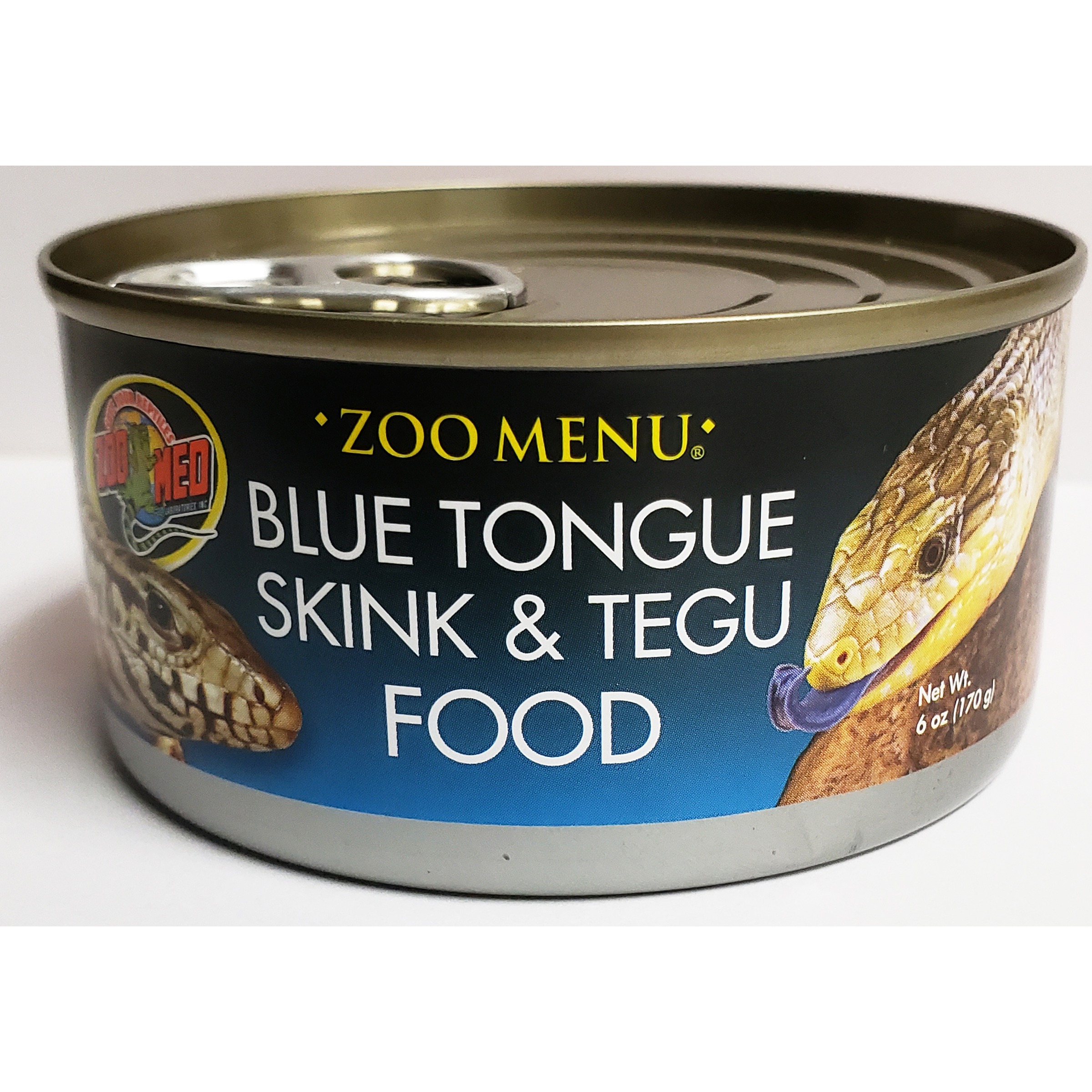 Canned reptile food labeled “Zoo Menu” for Blue Tongue Skink & Tegu, with reptile illustrations on the label.