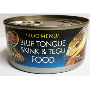 Canned reptile food labeled “Zoo Menu” for Blue Tongue Skink & Tegu, with reptile illustrations on the label.