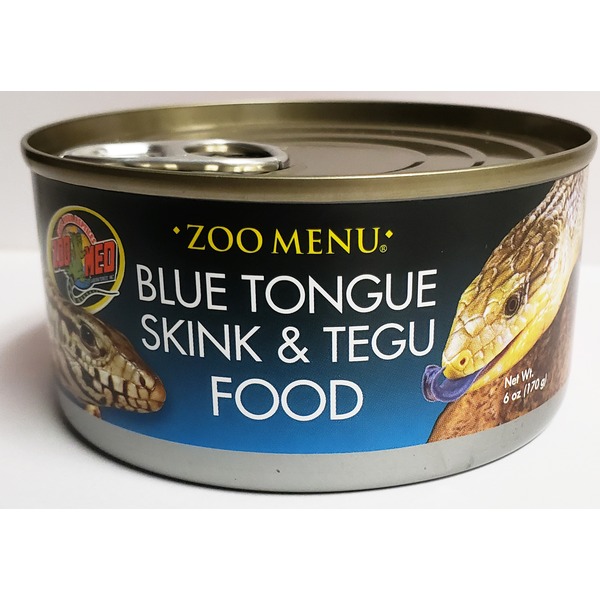 Canned reptile food labeled “Zoo Menu” for Blue Tongue Skink & Tegu, with reptile illustrations on the label.