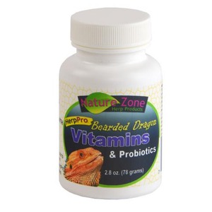 White bottle labeled Nature Zone Bearded Dragon Vitamins & Probiotics with bearded dragon illustration.