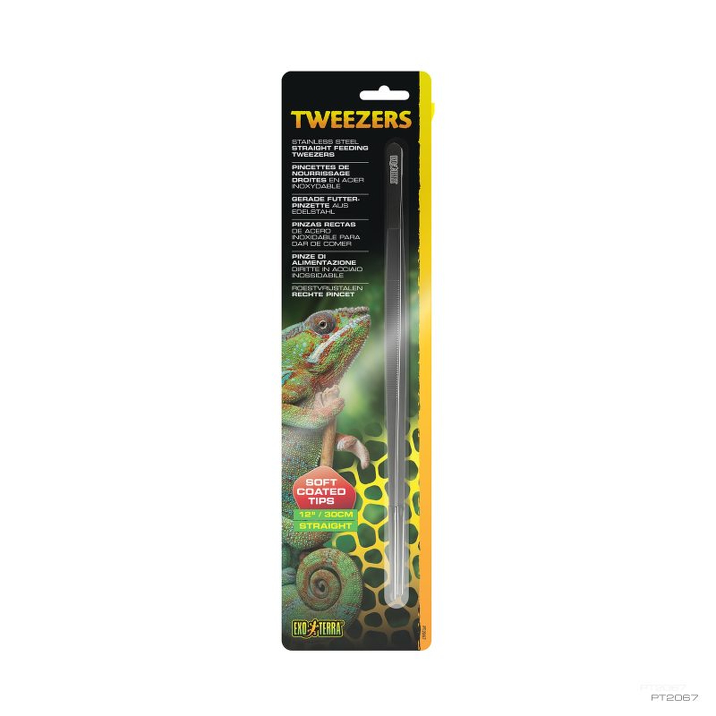 Tweezers packaging featuring a lizard image; straight stainless steel feeding tweezers with soft-coated tips.