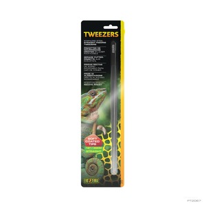 Tweezers packaging featuring a lizard image; straight stainless steel feeding tweezers with soft-coated tips.