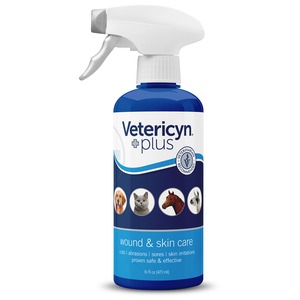 Blue spray bottle labeled Vetricyn Plus wound and skin care for pets; includes animal icons and spray nozzle.