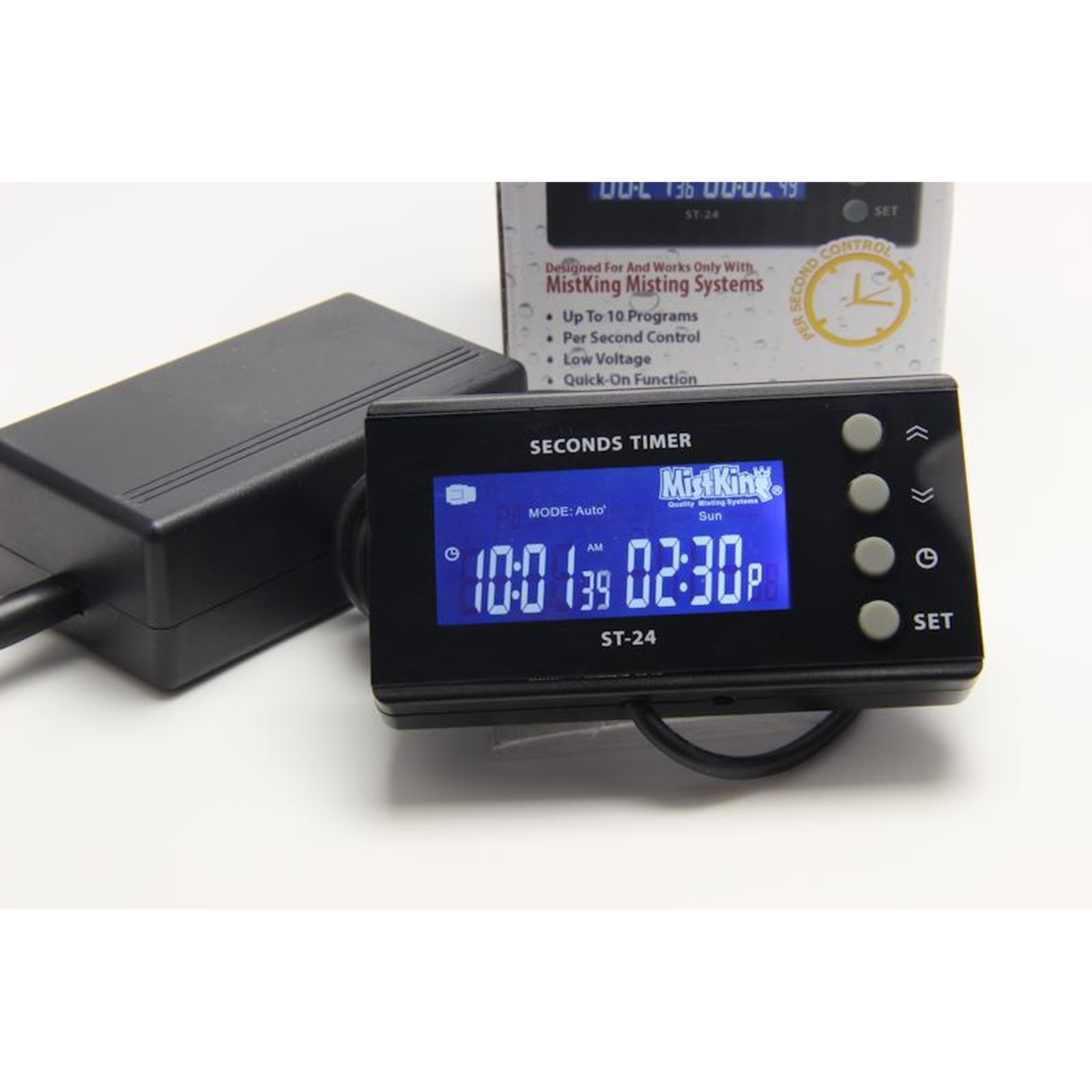 MistKing seconds timer ST-24 with blue digital display showing 10:01 and 02:30, buttons on the right.