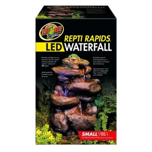 Zoo Med LED Waterfall Repti Rapids product box showing a stacked rock waterfall with frog, labeled small.