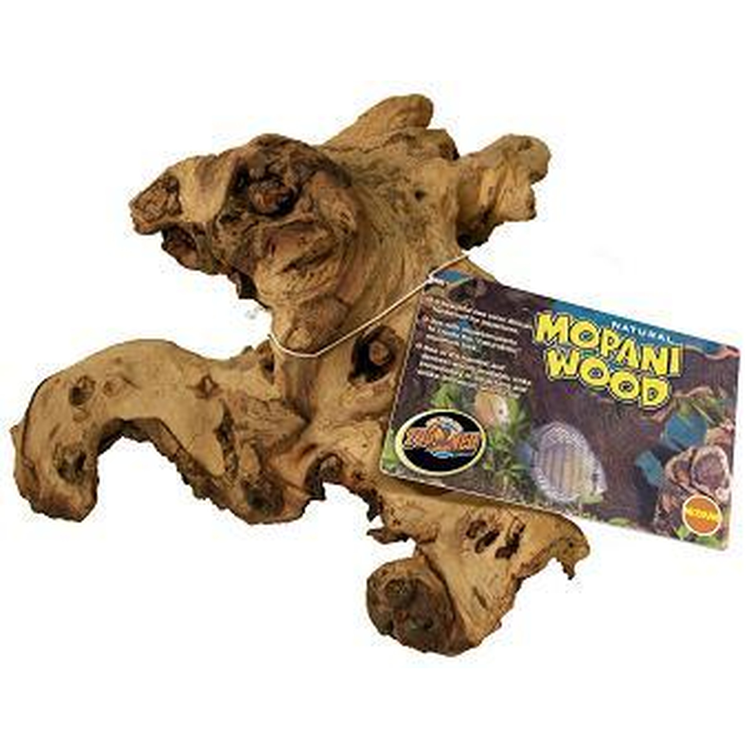 Natural Mopani wood driftwood piece with attached label tag