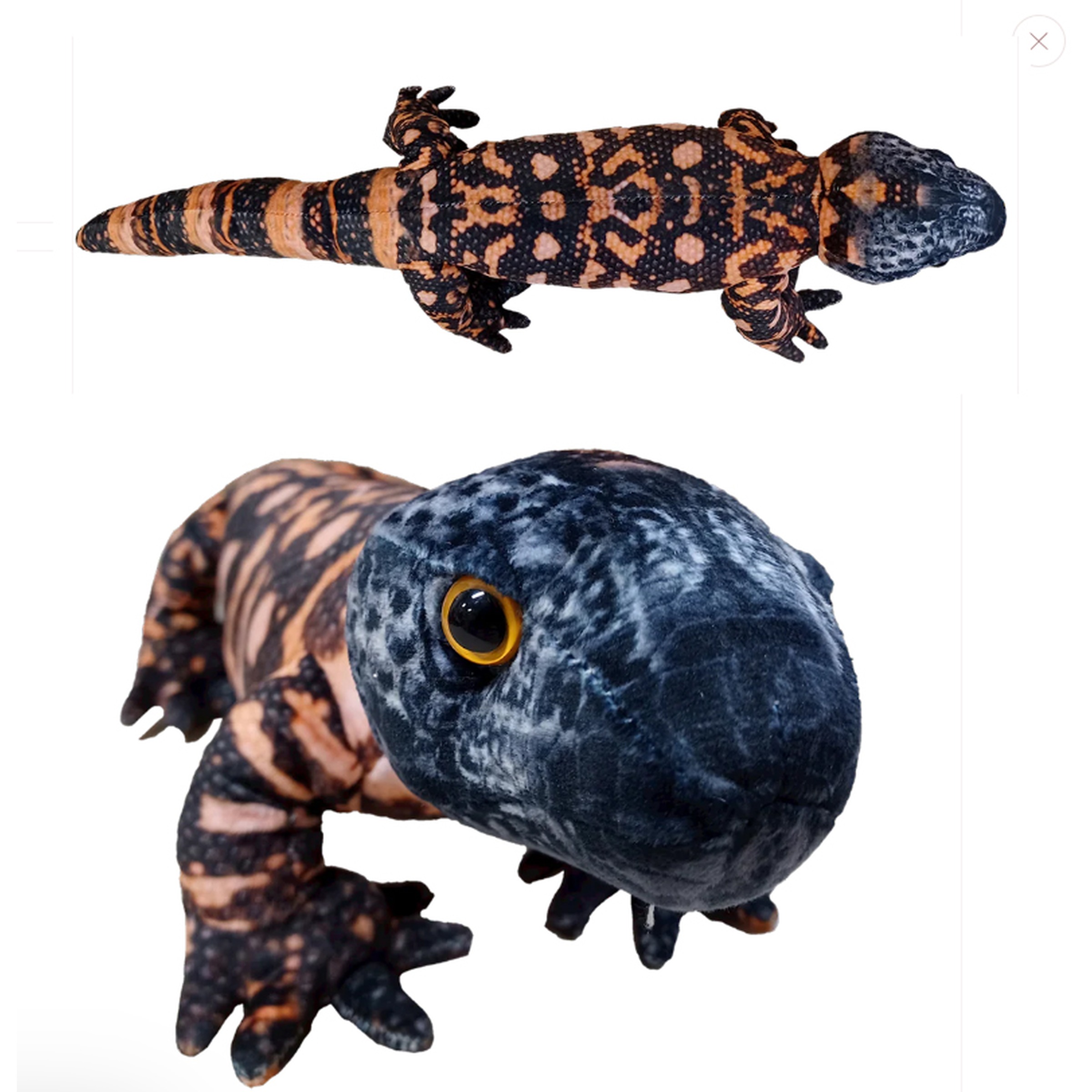 Two-view plush lizard toy with orange and black markings; close-up head with yellow eye.