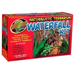 Red Zoo Med Naturalistic Terrarium Waterfall Kit box featuring a waterfall scene and tropical foliage.