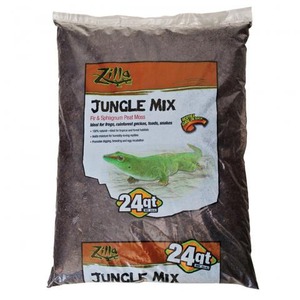 Plastic bag labeled Zilla Jungle Mix reptile substrate 24 qt with a green alligator image on the label.
