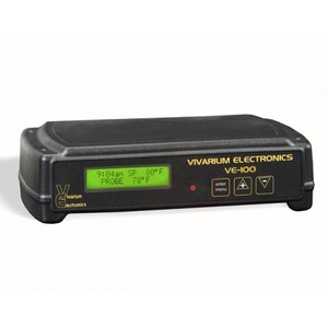 Vivarium Electronics VE-100 controller, black rectangular unit with green LCD showing time, probe status, and 78°F.