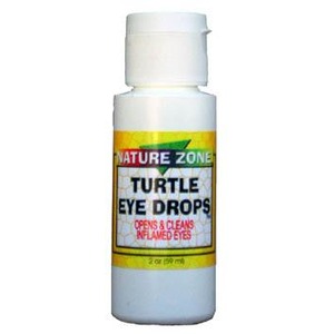White bottle labeled Nature Zone Turtle Eye Drops, opens & cleans inflamed eyes.
