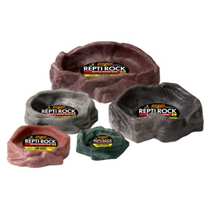 Set of five rock-shaped reptile water dishes in brown, gray, green, red, and pink labeled Repti Rock.