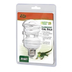 Fluorescent coil bulb in a blister package labeled 20 watt with a lizard graphic.